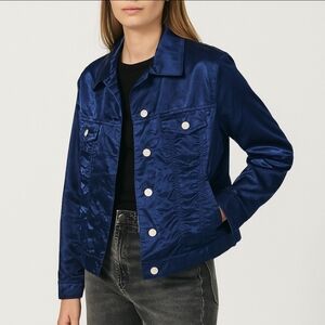 Chicos Blue Sateen Womens Trucker Jacket Sz 2 (L)
